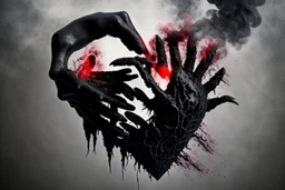 A black hand made out of black smoke violently crushing a human heart, squeezing all blood out of it, foggy, surreal