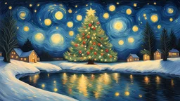 In the style of van gogh starry night,a wide shot angle of a Christmas tree, spreading Christmas joy in an glowing snow,riverside,reflections in the water,mistletoes