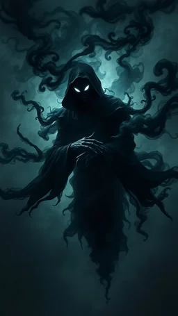 A shadowy, mysterious humanoid character floats in mid-air, weightless, suspended beneath a massive, mid air with vivid psychedelic detail. His entire body is deep black, covered in swirling black mist, with a faint white glowing smirk and two luminous white eyes piercing through the darkness. He body full mist flowing dramatically in the air. His both hand crossed arms, full vibrants mist surround