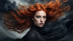 a girl with ginger hair and flower on her forehead, in the style of eerie dreamscapes, flowing fabrics, romantic windblowing, swirling hair, Windy, swirling dark style Dark, misty, fantasy Dark, dark scene, eerie, macabre, black smoke, ultraclear image"