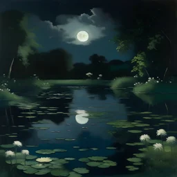 a moonlit pond at night