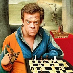 Shooter McGavin from Happy Gilmore playing chess against Donkey Kong in the style of Hieronymus Bosch