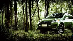 A Tesla's 'Model S Plaid' is parked, in a jungle of the Jurassic Period. CINEMATIC. WIDE ANGLE LENS. PHOTO REAL.