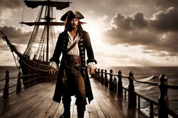 Pirate stands defiantly on a creaking wooden pirate ship deck, ocean horizon stretching behind, tattered sails billowing in the brisk sea wind, sunset casting an amber glow over the scene, high contrast, sharp textures, high detalied, detalied midle age face, dramatic lighting, photorealistic, crepy stunning, film noir