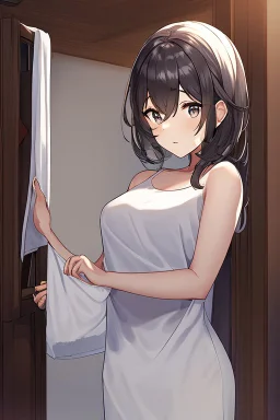 anime girl entering her room, wearing a towel