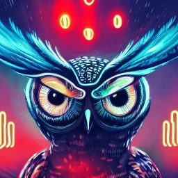 great illustrator, spanish, realistic rendering owl with, metal beak, red eyes, complex circuits on eyes, bombed city background, luminescent lights, blade runner, cimematic, michael mann movie