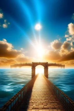 a semi real scene of blue sea with sun rays and a hanging bridge of brownish bricks over it the direction of the bridge is from left to right and the sky is during the day without the sun with fluffy clouds and there are a lot of tiny sparking fantasy stars
