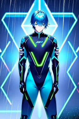 cyberpunk, neon blue, high technology, geometric figures, orbiting figures, cyberpunk suit, black and blue, epic, rain, neon blue suit, geometric figures orbiting around suit, exosuit, male