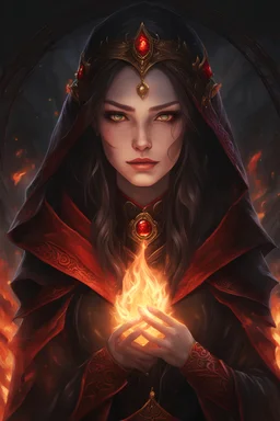 A confident looking young woman with pale skin and long brown hair in a fantasy setting with intricate details. She is wearing black and red, has red eyes, an air of malevolent power surrounds her. She is a fire mage. Anime style. High definition, Greg Rutkowski