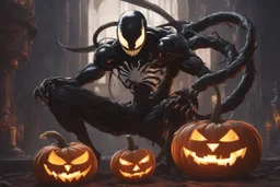 venom machine with fire pumpkin head in nier automata artstyle, halloween them, close picture, fantasy world, intricate details, highly detailed, high details, detailed portrait, masterpiece,ultra detailed, ultra quality