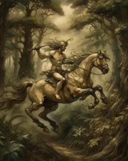 A centaur majestically galloping through the dense forest in the style of gustav dore, fantastical landscape, soft strokes , mythology portrait, classic painting