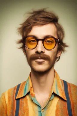 hippie young man with glasses of colours and poor and short short short and poor hair on the head with receding hairline. Farsightedness glasses with big eyes. Shirt beard in the head. Vintage look and feel like photo style-of the 70s