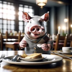 north pole pig holding silverware at a restaurant, realistic