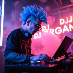 A DJ performing at dance club, his name DJ DRAGAN and looks crazy, crazy blue hair with glasses. Neon lights and smog, DJ DRAGAN SIGN ON WALL