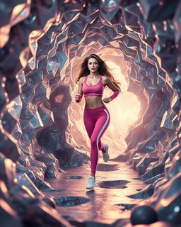 make a picture pretty cave made of crystal and metallic 3d fractal recursive cubic and sphere base structures and a beautiful fashion model lady with cute,curvy long hair,makeup, in pretty sports suit is running inside cave ,dynamic camera fallow her inside cave capturing full body, dynamic lights.