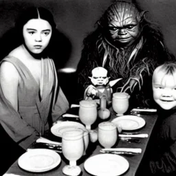 Creepy old photo of star wars Yoda and ewok type people sitting at dinner with scared children