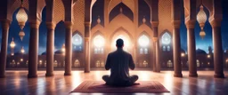 Hyper Realistic Man Praying & Ramadan Lights inside a beautiful mosque at night