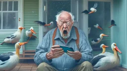 confused older man using cellphone on his porch attacked by many ducks