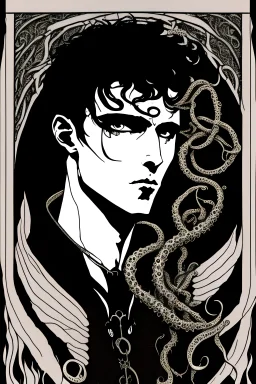 black haired young man necromancer wizard with gothic jewelry and tentacle fingers in the style of Harry Clarke