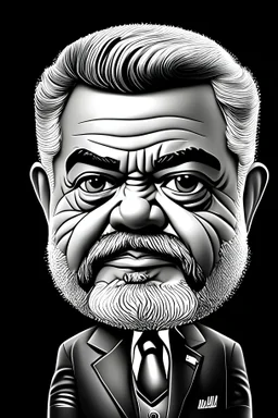 Caricatura chibi de Luis Ignacio Lula da Silva presidente de Brasil, serio, calidad ultra, hiperdetallado, color blanco, y negro, increíble obra de arte, formas y líneas estilizadas