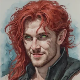 dnd, fantasy, watercolour, portrait, illustration, prerafaelite, male, face, green eyes, determined, happy, red hair, very long hair, radiating light, five o'clock shadow