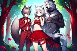 Girl, boy, forest, gray hair, wolf ears, wolf tail, open navel, hands on chest, blushing, standing by a tree, collar on neck, very short red skirt, blood on hands, long nails, wolf hair on legs, more red eyes, glowing mushrooms on trees, big tail