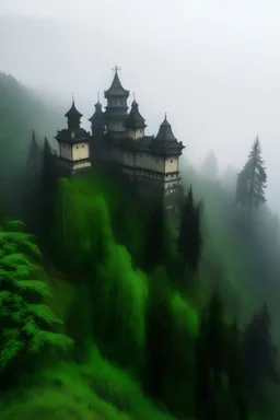 Scary monastery surrounded by a thick forest and fog