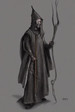 Tall Wizard, dark broody, long staff in hand, grey cloak, photorealistic