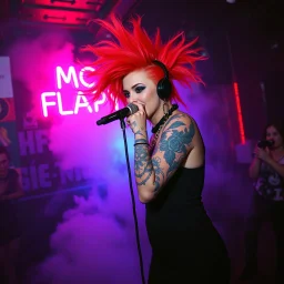 A MC performing at dance club, her name MC FLAPYPUSY and looks crazy, crazy red hair with black dress. Neon lights and smog, MC FLAPYPUSY SIGN ON WALL