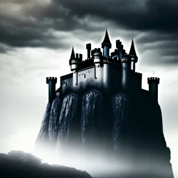 a black and menacing castle floating in midst air, hilly environment, cloudy sky