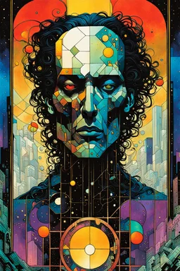 Create a chaotic abstract cubist Tarot Card depicting a post apocalyptic, Death , with highly detailed facial features, in the style of Bill Sienkiewicz, Philippe Druillet, Gustav Klimt, and Jean Giraud Moebius, precisely drawn, colored and inked