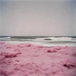 Pink sea in the 1970s, analog photography with white, damaged