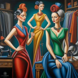 Two tailor women making a dress, fantasy style by artist "Catherine Abel" highly detailed elegant beautiful crisp quality, colourful