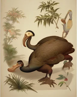 John James Audubon-like illustration of a fully uncropped Dodo bird and a Platypus in a chinoiserie landscape of warm yellows, warm reds, and warm blues