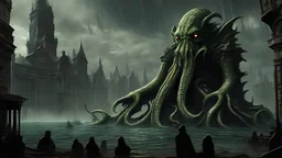 magnificent and mighty Cthulhu in r'lyeh, tremendous, enormous, on a throne made of buildings, photorealistic, magnificent, ultrarealistic, gothic, gothic buildings, wet, shore city, gigantic