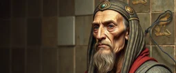 master oil painting by Rembrandt, realistic rendering Portrait of the Apkallu sage who were sent by the god Ea to teach civilization to humanity before the flood. They were depicted as half-human and half-fish or bird, and were associated with wisdom, magic, and culture. blurred tile pattern background, brightened edges to give a sense of depth