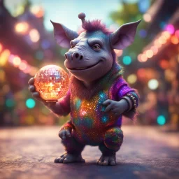 Gates as hairy groove funk kobold rhino hippie holding disco ball ,bokeh like f/0.8, tilt-shift lens 8k, high detail, smooth render, down-light, unreal engine