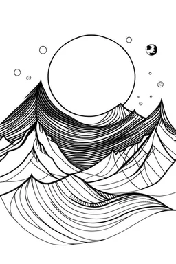 minimalist moutains with moon idea, line art, background, vector, svg, black outline on white background, leave plenty of white space beetween lines for coloring, tattoo style, tattoo idea,full body, minimalist