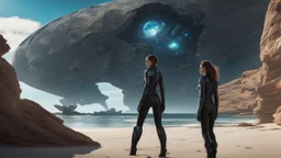 A woman in a catsuit standing on a beach of an alien world, in a rocky crystal-covered landscape with a crashed spaceship in the distance