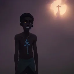 spirit of a black kid at a cemetery near a cross and surrounded by almost unseen dead souls at a eerie night