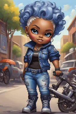 create an expressive oil painting illustration of a chibi cartoon voluptuous black female wearing a blue jean outfit with biker boots. Prominent make up with hazel eyes. Extremely highly detail of a very low platinum blonde pixie haircut. Background of a bike show.