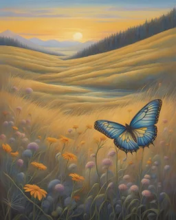 A stunning conceptual painting that captures the essence of nature's beauty within the delicate veins of a butterfly wing. The wing showcases a vivid landscape of a serene meadow bathed in the golden light of dawn. The swaying tall grasses and vibrant wildflowers create a sense of peace and tranquility, while the distant misty mountain range adds depth to the scene. The contrast between the intricate patterns of the wing and the soft, natural elements of the landscape creates an enchanting and s