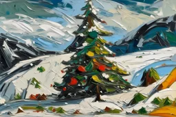 Christmas tree on a snow covered mountainside in the style of Frank Auerbach