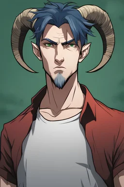 Tall and thin middle aged man with dark blue hair, wild haircut, short goat horns on head, green eyes, t-shirt and jeans, serious, artistic, art gallery background, RWBY animation style