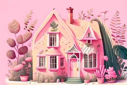 House illustration, realistic, detailed, illustrative, childrenbook style, pink house, cute plants