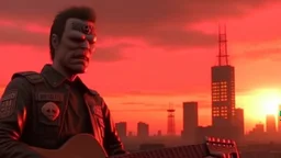 4K, ultra detail, full realism, nuclear explosion in the background of a big city, portrait of the Terminator playing the firestarter guitar