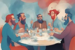 whimsical colorful cartoon ink and tint, 4 people sitting conversating at table, semi overhead view, relaxed, social, various drinks, glasses, bottles on table, 2 men with black beards, 1 woman with red hair in elegant dress, another man with blue hair listening. The background features abstract shapes and muted pastel colors, whimsical vibe, neanderthal influence
