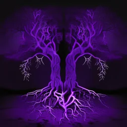 two trees with roots connected purple dark neon