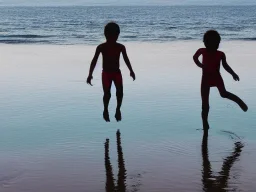 children jumping in water on a beach capture them against the sun and make an art silhouette, hyper details, real sharp, 8k, well detailed, well shaped