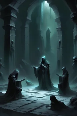 Necromancer cult praying Infront of a dark monolith,dark energy seeping from the walls,catacomb setting